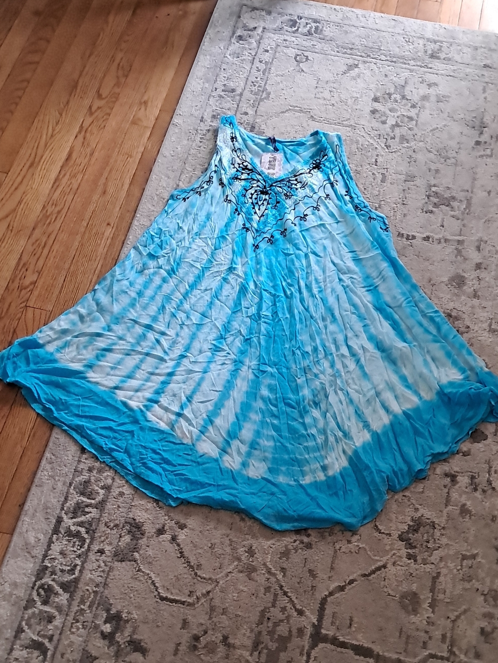 TRUE ROCK Blue Tie-Dye Asymmetrical Sleeveless Dress with Embroidered Neckline